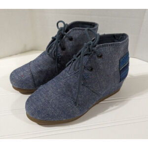 TOMS Kids Girls Blue Chambray Denim Wedges Hidden Heal Lace Up 12.5 Booties